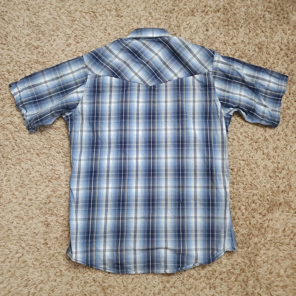 Wrangler Pearl Snap Blue Plaid American Cowboys Mens M Short Sleeve‎ Western